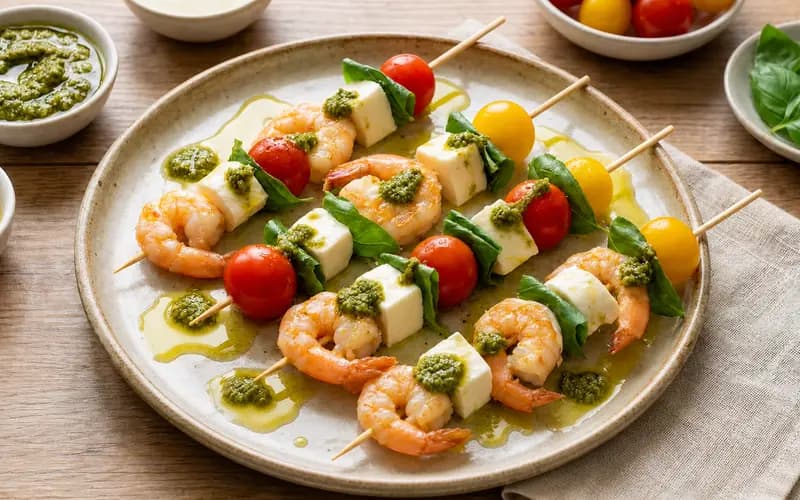 Brochetas frescas de langostinos, mozzarella y cherry